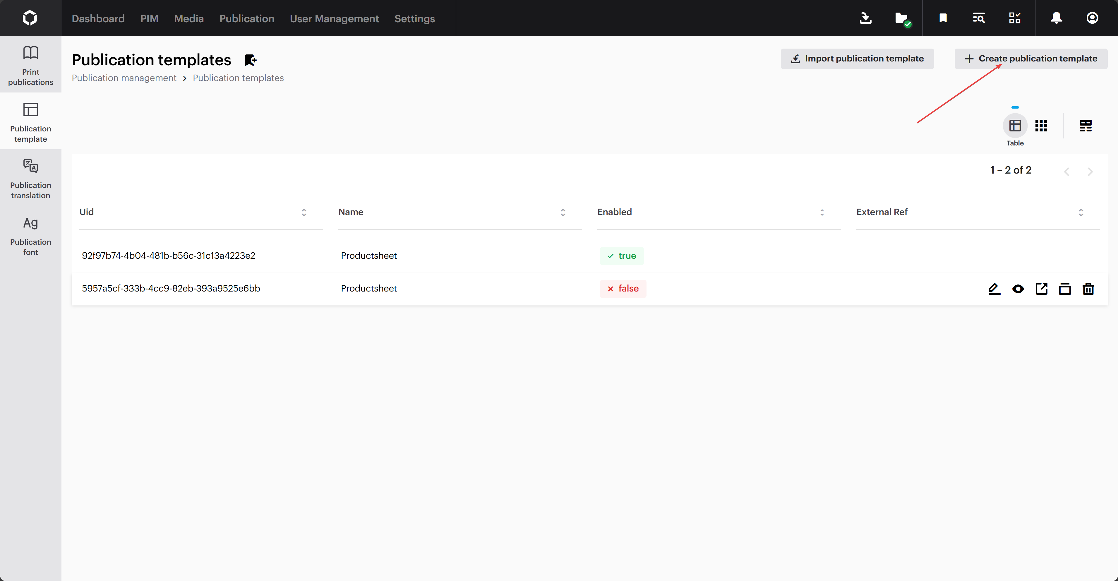 The button to create a new publication template