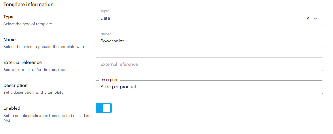 The template information for the publication template