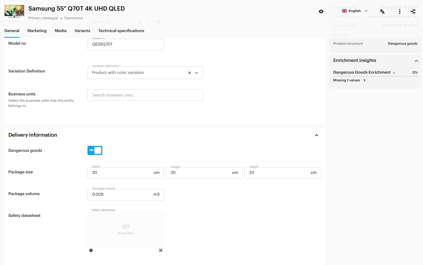 The product is marked as dangerous good, adds the property for uploading a datasheet.