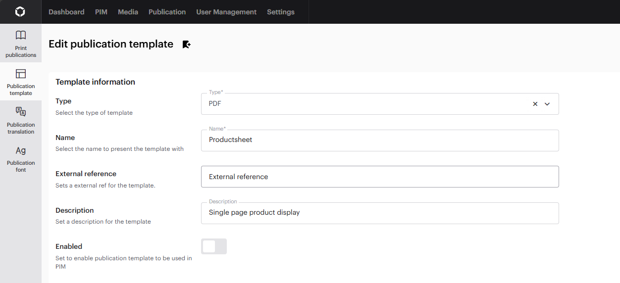 The template information for the template publication
