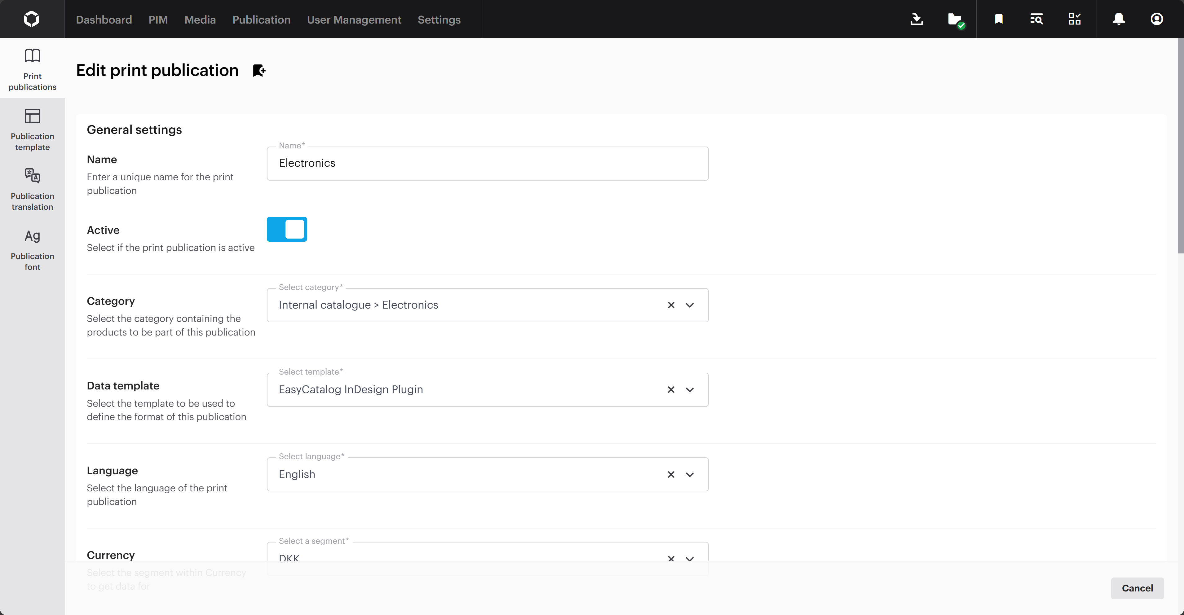 The print publication settings page