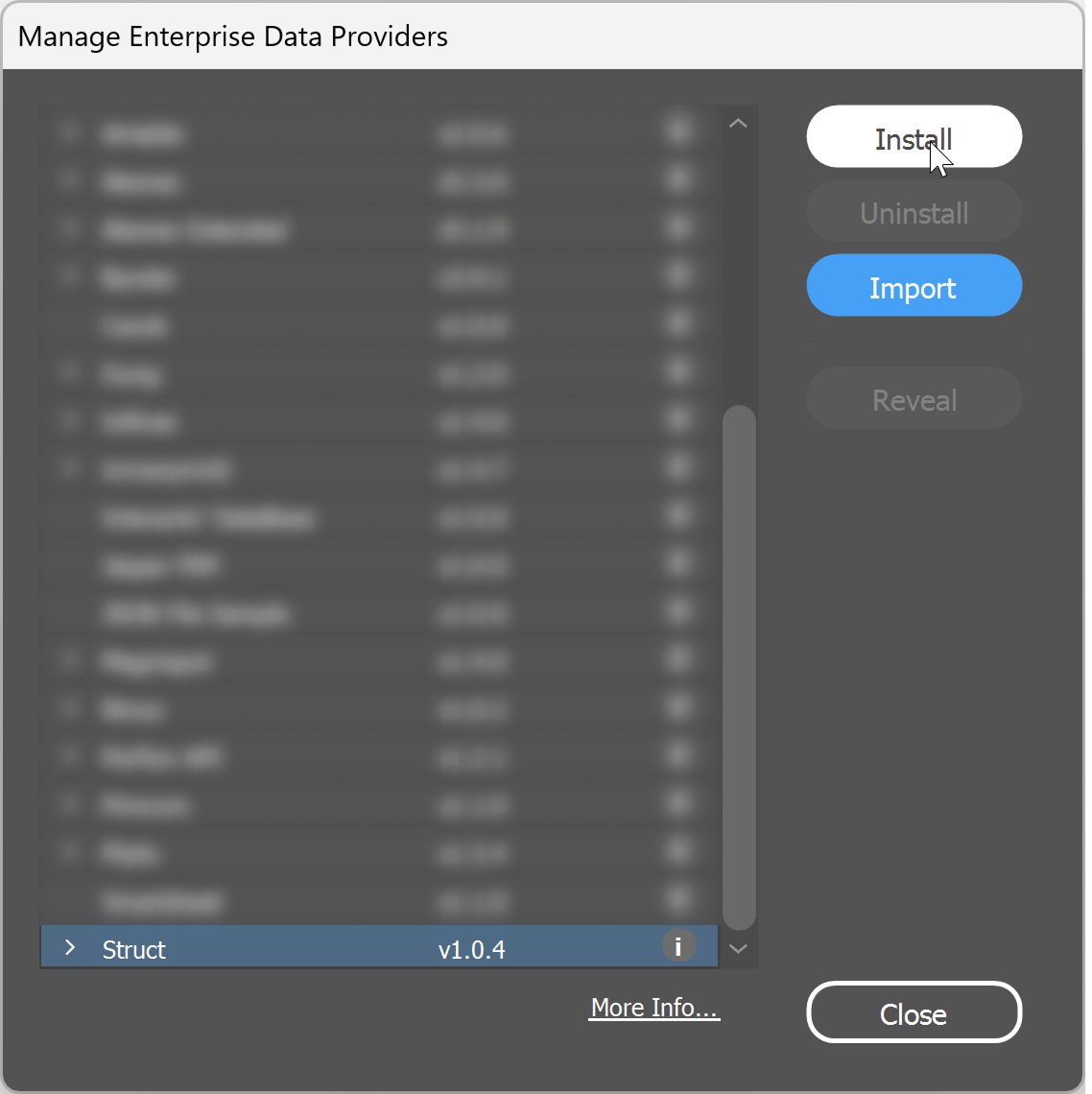 The data providers overview from EasyCatalog within Adobe InDesign
