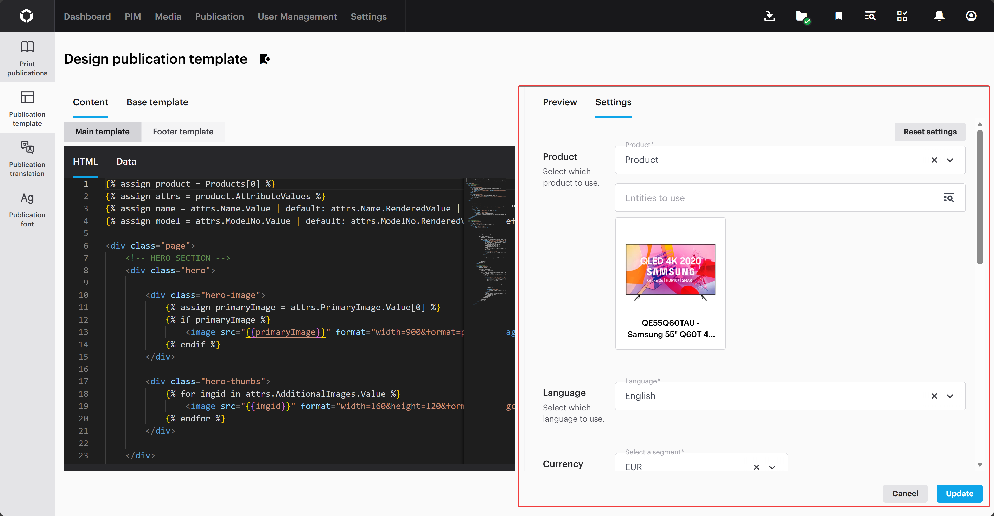 The settings tab inside the designer