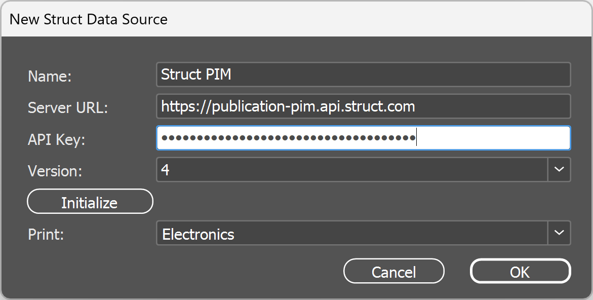 The data provider configuration window inside Adobe InDesign